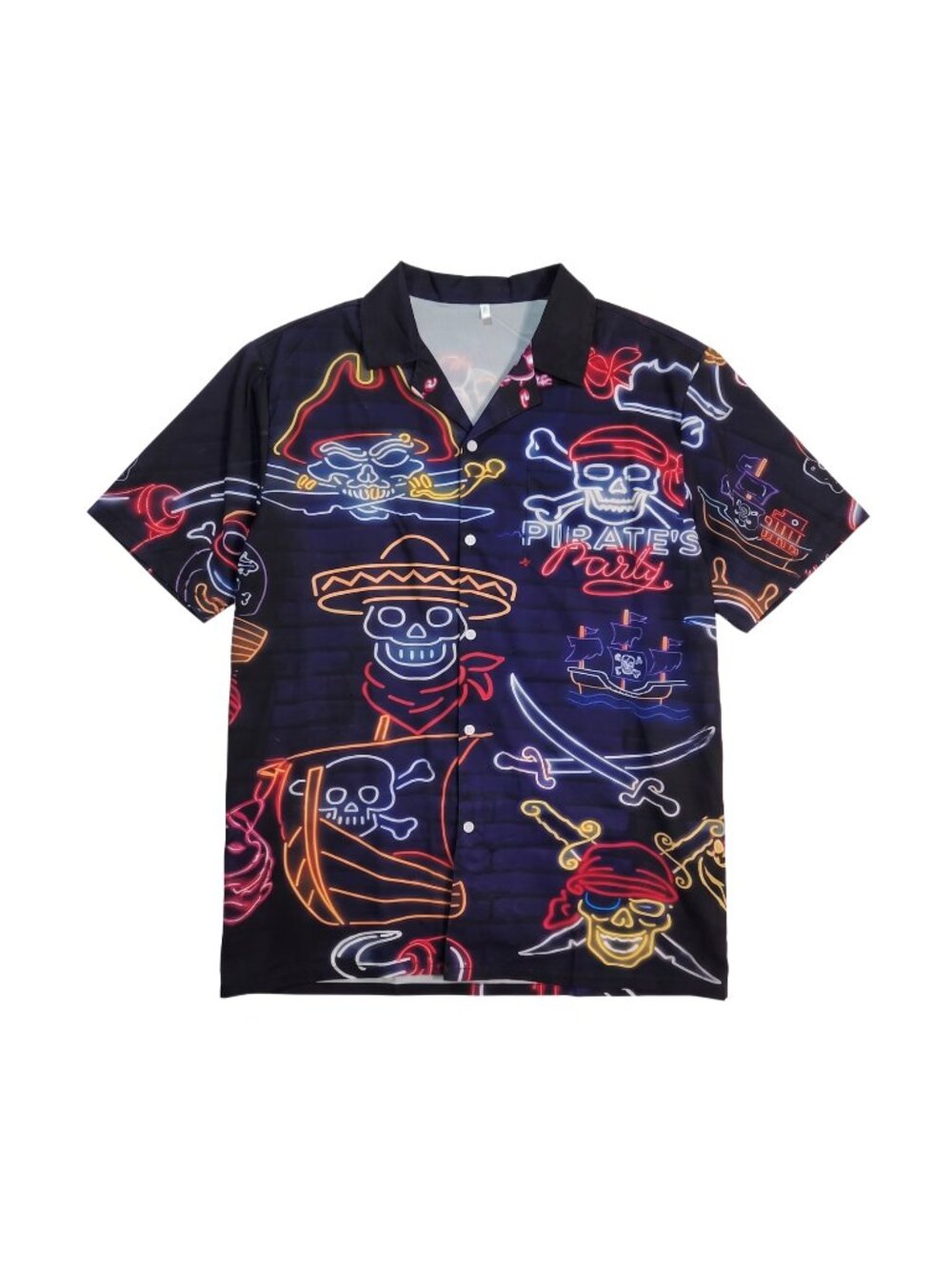 NWT | Regenboog Neon Pirate Party Skeleton Graphic Button Up Shirt Large